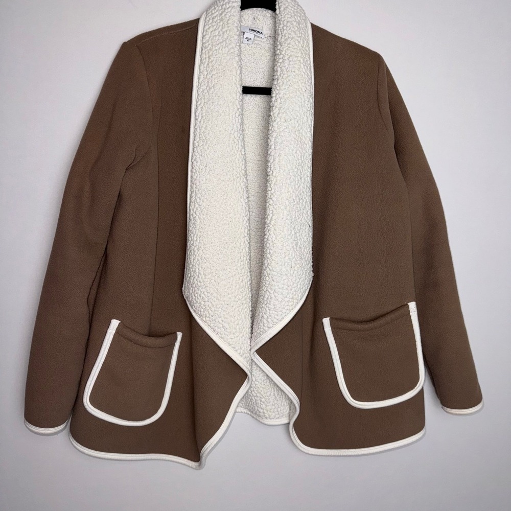 Sonoma‎ Fleece Jacket Women M Brown Sherpa Lined Open Front Shawl Layer Coatigan